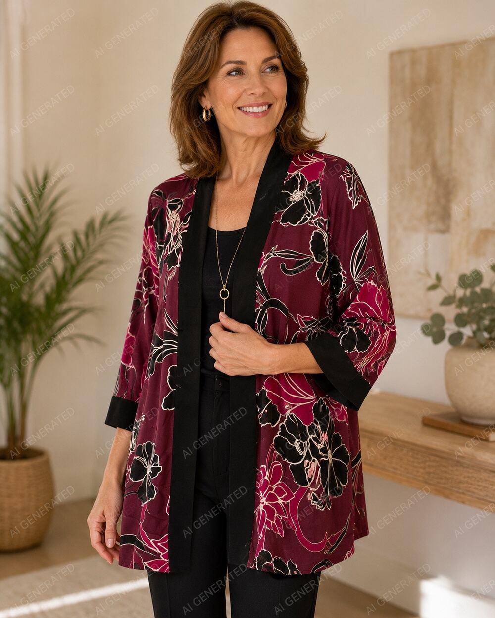 Chico's Travelers Floral Kimono Jacket S/M Burgundy Black Open Front Resort Boho
